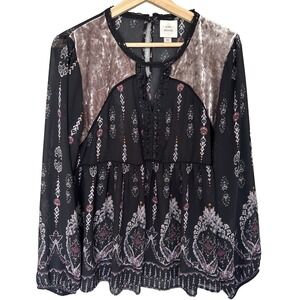 Knox Rose Top Women Black Sheer Keyhole Neck Long Sleeve Beaded Goth Boho XL
